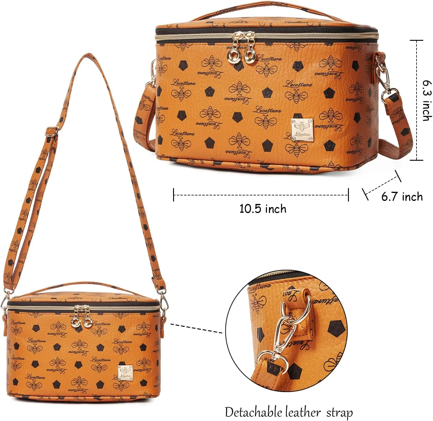 LACATTURA Travel Makeup Bag for Women, Leather Toiletry Bag, Cosmetic Case with Adjustable Divider, Portable Make Up Organizer, Brush Holder with Shoulder Strap, Storage Bags for Girls Brown, M