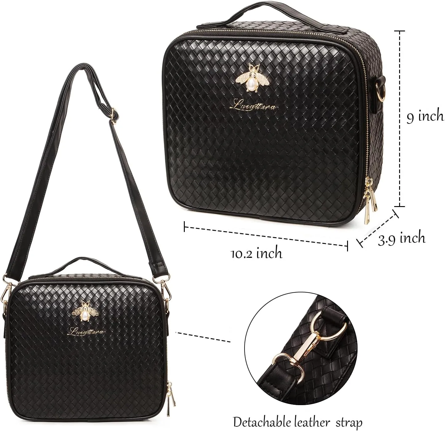 LACATTURA Travel Makeup bag, Leather Makeup Train Case Cosmetic Organizer for Makeup Brushes Toiletry Digital Accessories, Portable Artist Storage Bag With Shoulder Strap for Women Black