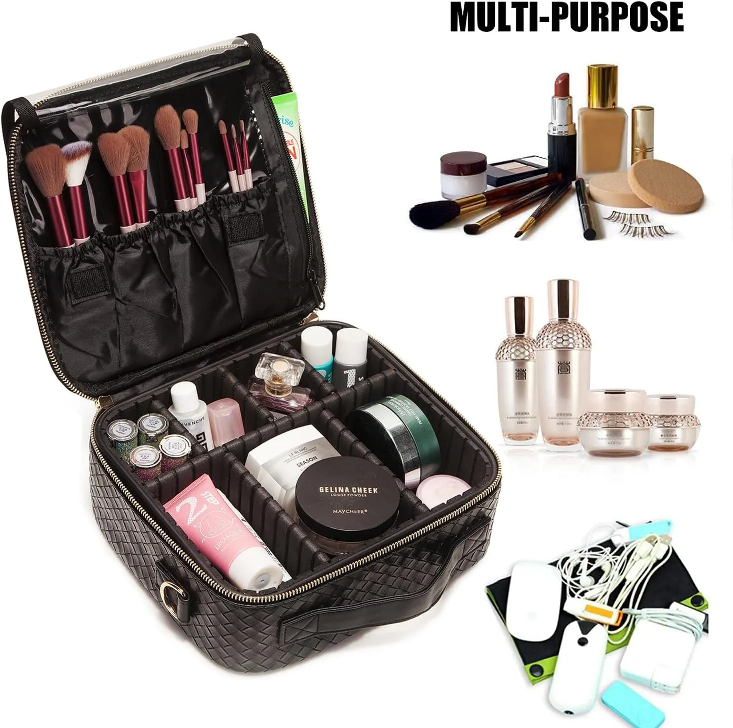 LACATTURA Travel Makeup bag, Leather Makeup Train Case Cosmetic Organizer for Makeup Brushes Toiletry Digital Accessories, Portable Artist Storage Bag With Shoulder Strap for Women Black