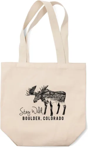Lantern Press Boulder, Colorado, Stay Wild Moose and Mountains Double Exposure, (100% Cotton Canvas Reusable Tote Bag)