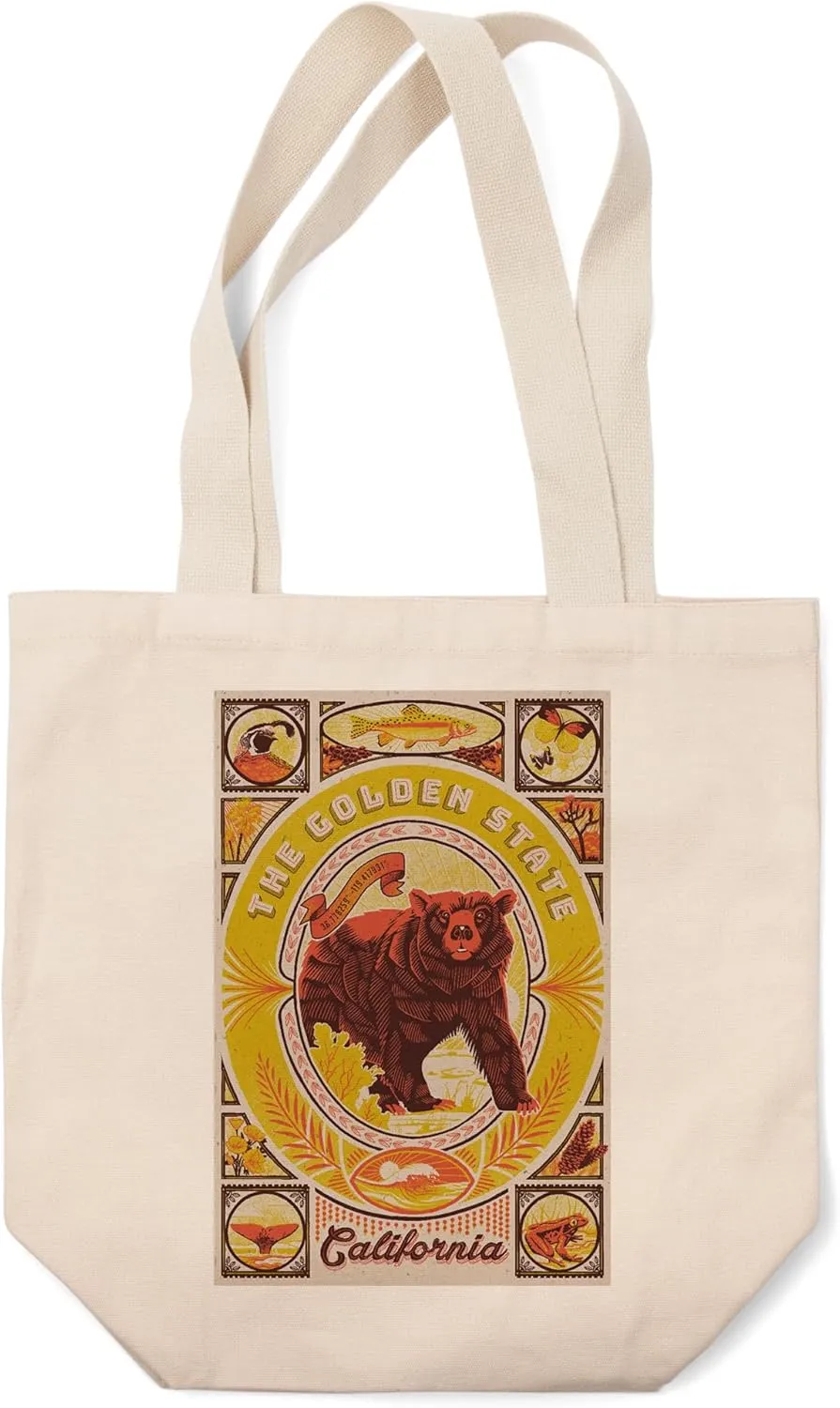 Lantern Press California, Woodcut Menagerie Series, The Golden State (100% Cotton Canvas Reusable Tote Bag)