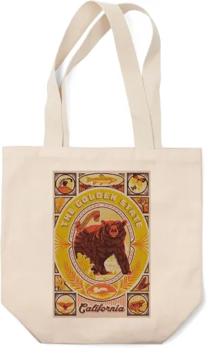 Lantern Press California, Woodcut Menagerie Series, The Golden State (100% Cotton Canvas Reusable Tote Bag)