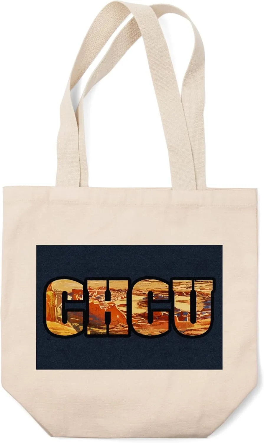 Lantern Press Chaco Culture National Historical Park, New Mexico, Typography and Ruins (100% Cotton Canvas Reusable Tote Bag)