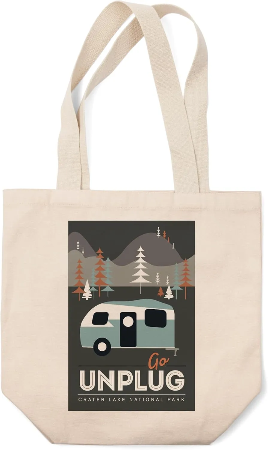 Lantern Press Crater Lake National Park, Go Unplug, Retro Camper (100% Cotton Canvas Reusable Tote Bag)