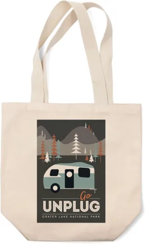 Lantern Press Crater Lake National Park, Go Unplug, Retro Camper (100% Cotton Canvas Reusable Tote Bag)