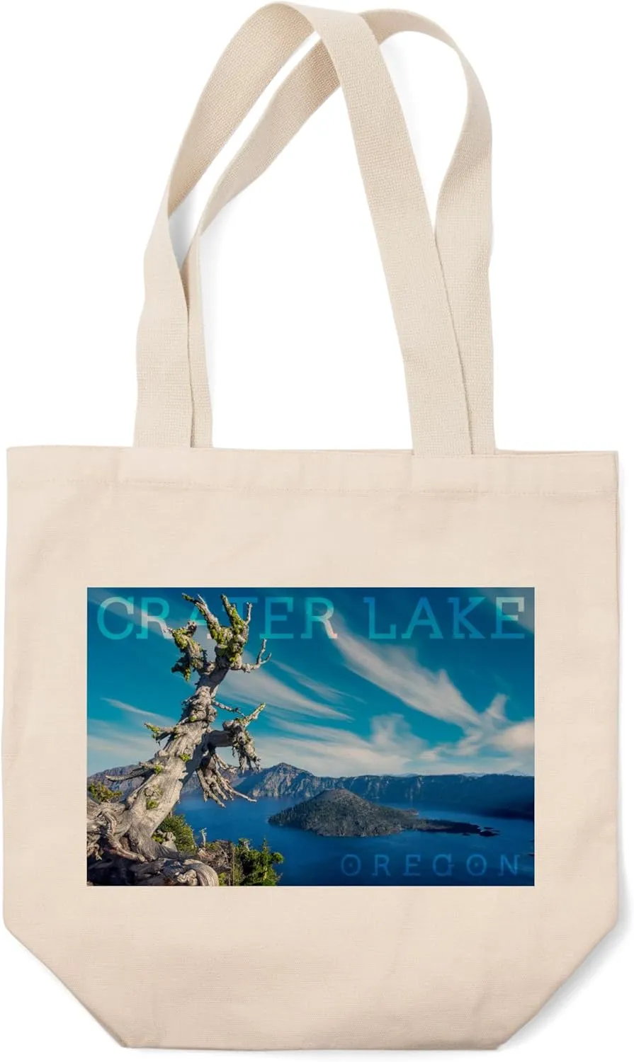 Lantern Press Crater Lake National Park, Oregon, Daytime Aerial View of Lake (100% Cotton Canvas Reusable Tote Bag)