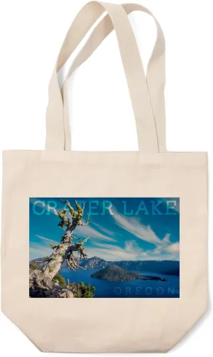 Lantern Press Crater Lake National Park, Oregon, Daytime Aerial View of Lake (100% Cotton Canvas Reusable Tote Bag)