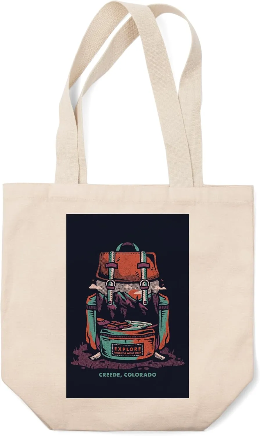 Lantern Press Creede, Colorado, Explore Where The WiFi is Weak, Backpack, Distressed (100% Cotton Canvas Reusable Tote Bag)