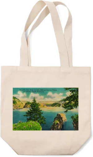 Lantern Press Deception Pass Bridge, Fidalgo and Whidbey Islands (100% Cotton Canvas Reusable Tote Bag)