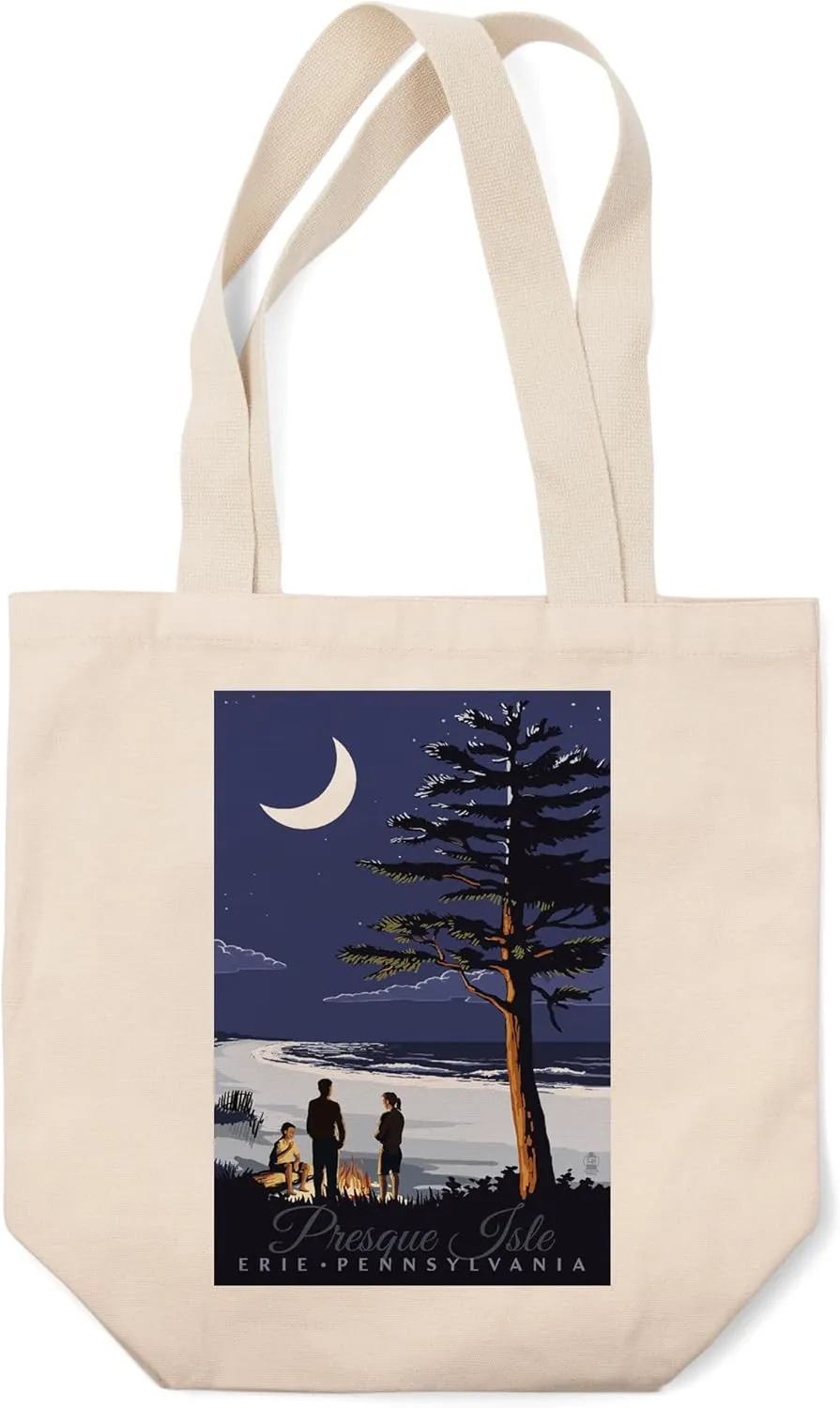 Lantern Press Erie, Pennsylvania, Presque Isle, Bonfire at Night (100% Cotton Canvas Reusable Tote Bag)