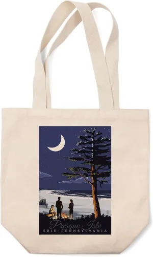 Lantern Press Erie, Pennsylvania, Presque Isle, Bonfire at Night (100% Cotton Canvas Reusable Tote Bag)