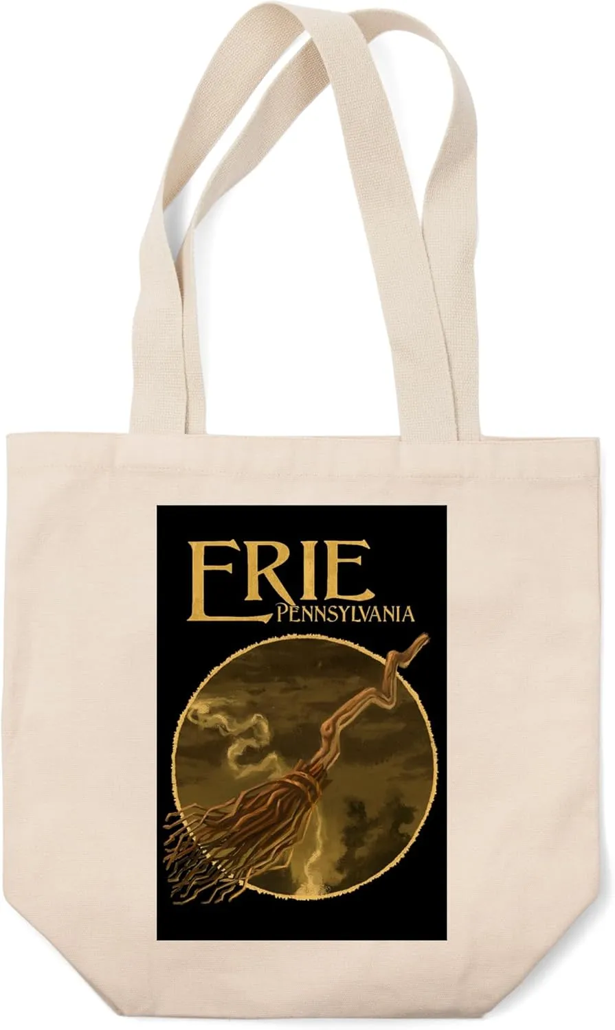 Lantern Press Erie, Pennsylvania, Witch's Broom, Halloween Oil Painting, (100% Cotton Canvas Reusable Tote Bag)