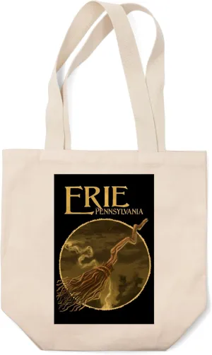 Lantern Press Erie, Pennsylvania, Witch's Broom, Halloween Oil Painting, (100% Cotton Canvas Reusable Tote Bag)