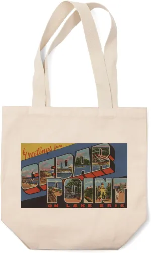 Lantern Press Greetings from Cedar Point, Sandusky, Ohio, Lake Erie, Vintage Halftone (100% Cotton Canvas Reusable Tote Bag)