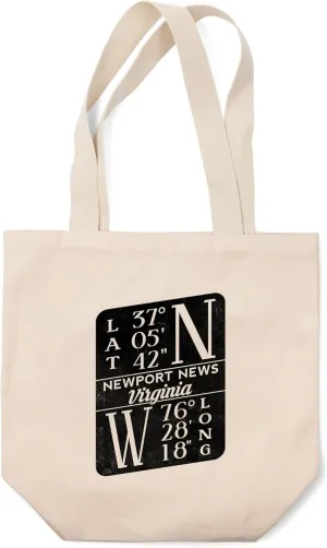Lantern Press Newport News, Virginia, Latitude and Longitude (Black and White), (100% Cotton Canvas Reusable Tote Bag)