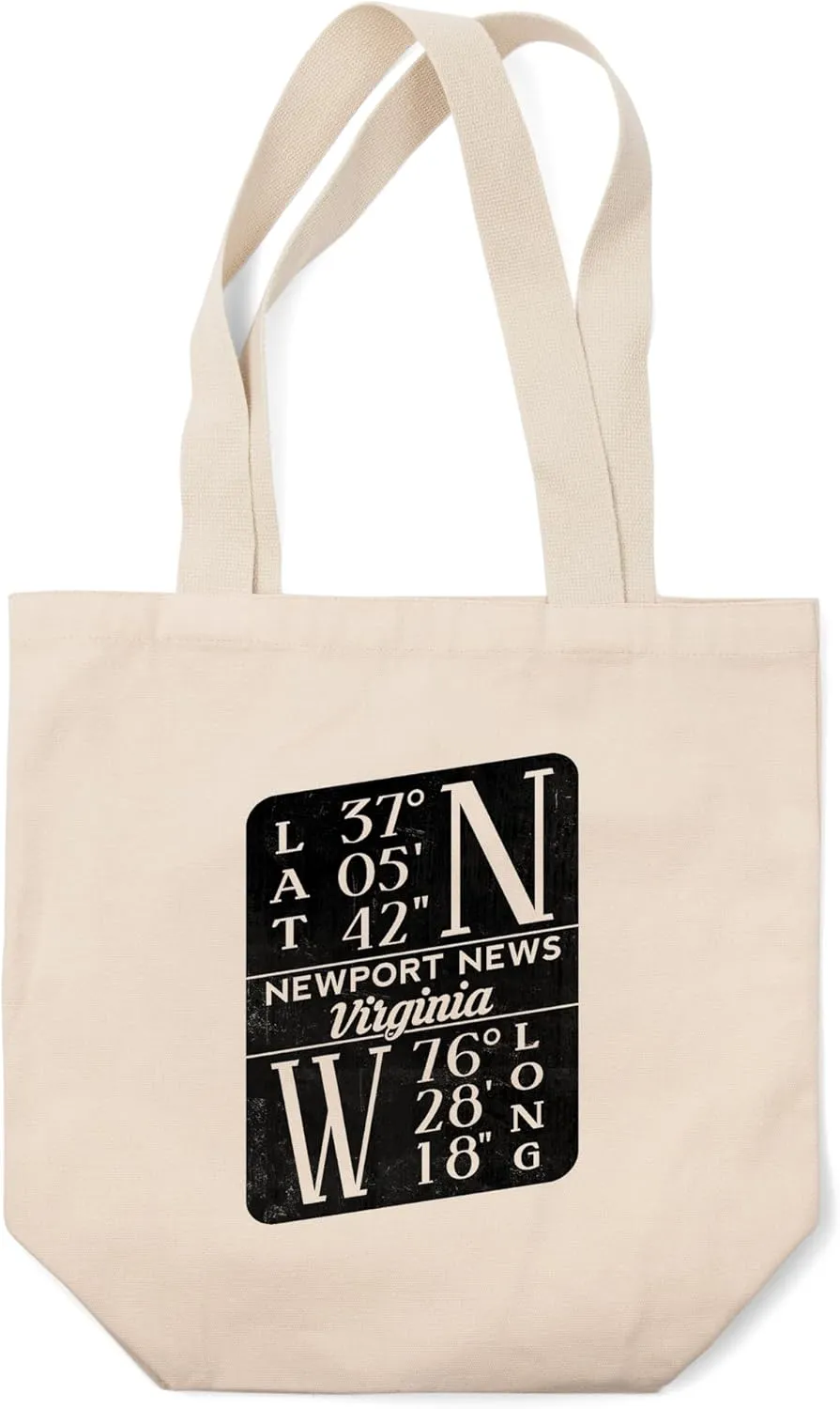 Lantern Press Newport News, Virginia, Latitude and Longitude (Black and White), (100% Cotton Canvas Reusable Tote Bag)