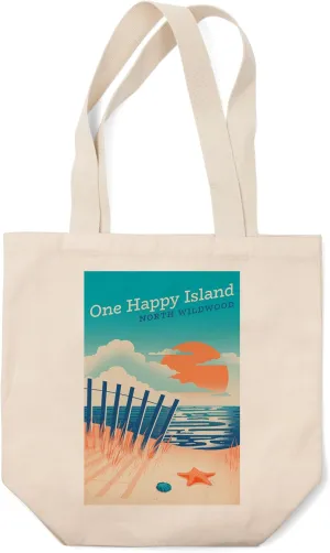 Lantern Press North Wildwood, New Jersey, One Happy Island, Sun-Faded Shoreline, Glowing Shore, Beach Scene (100% Cotton Canvas Reusable Tote Bag)