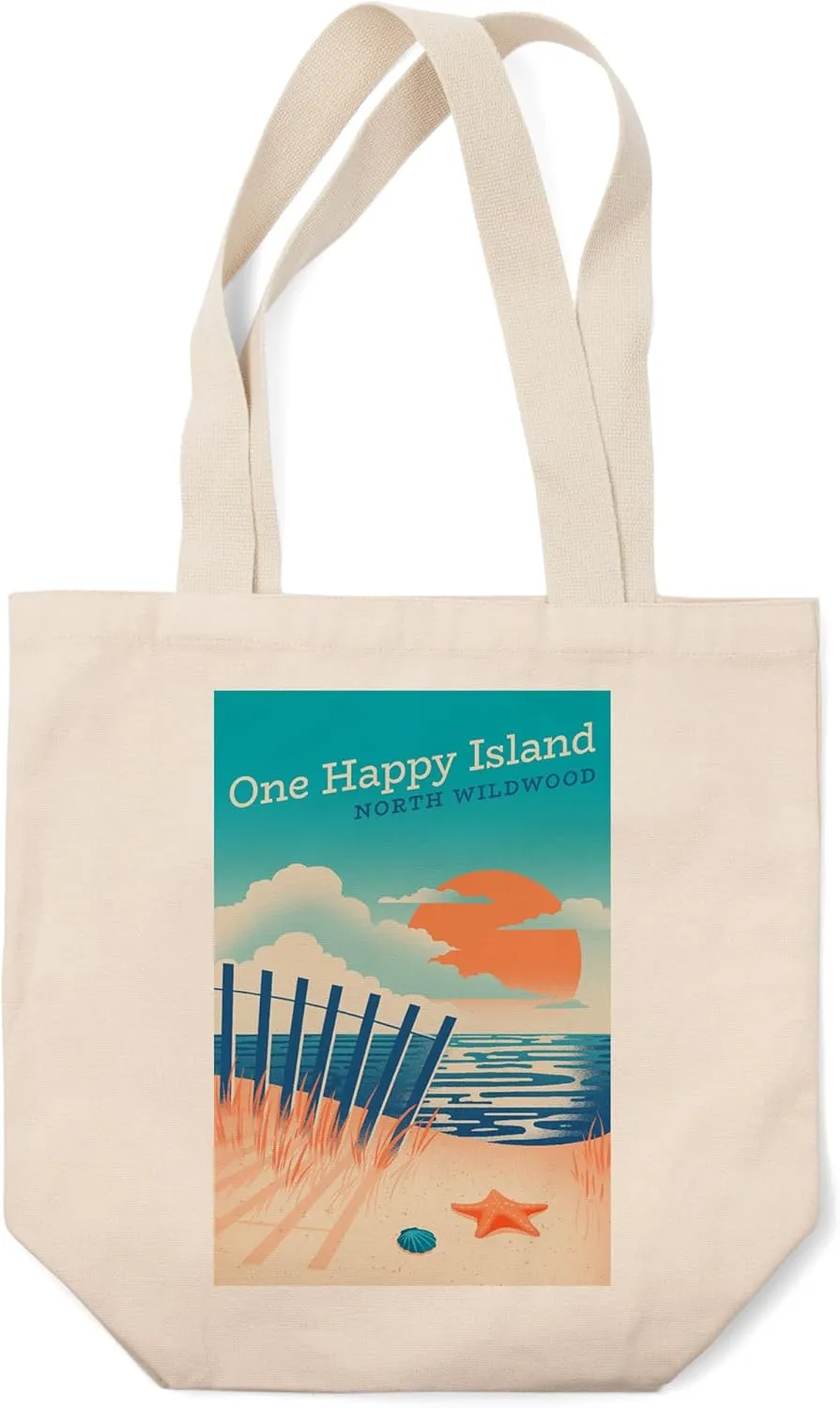 Lantern Press North Wildwood, New Jersey, One Happy Island, Sun-Faded Shoreline, Glowing Shore, Beach Scene (100% Cotton Canvas Reusable Tote Bag)