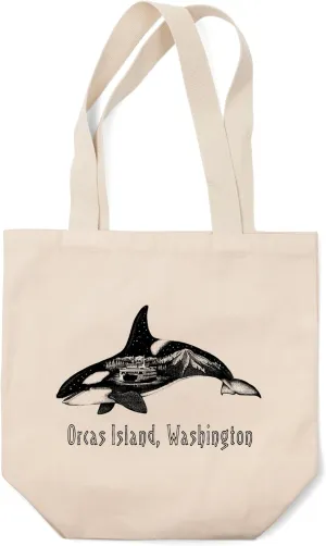 Lantern Press Orcas Island, Washington, Orca, Ferry and Mount Rainier, Double Exposure (100% Cotton Canvas Reusable Tote Bag)