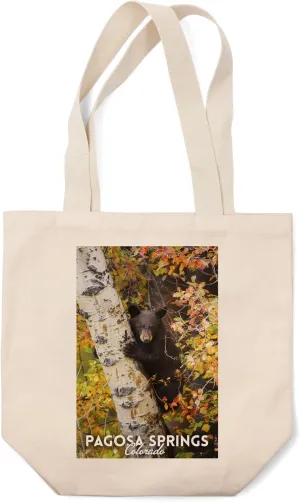 Lantern Press Pagosa Springs, Colorado, Bear Cub in Birch Tree (100% Cotton Canvas Reusable Tote Bag)