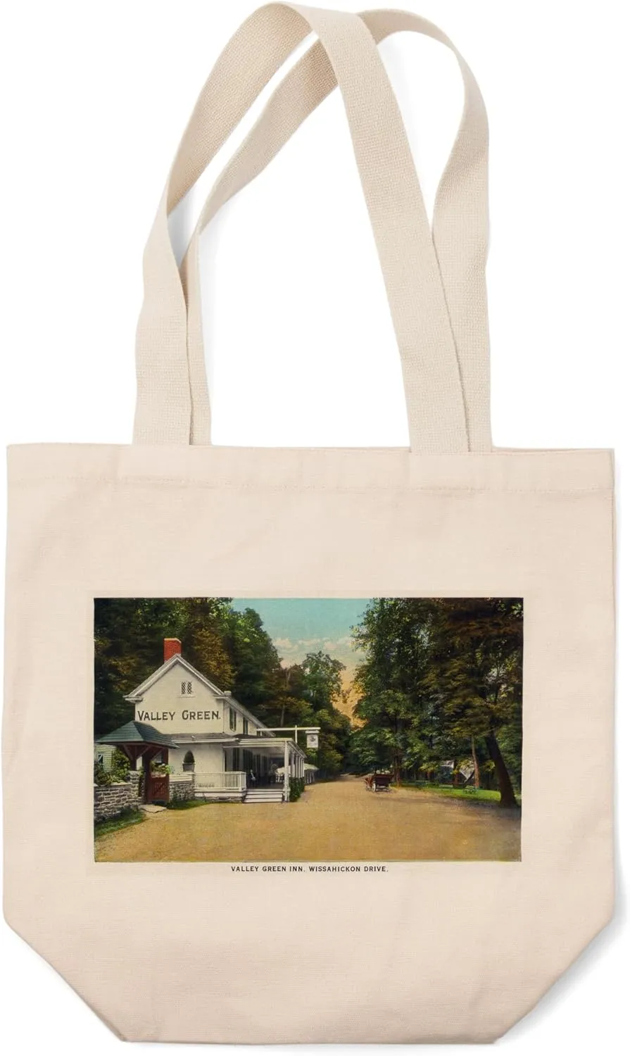 Lantern Press Philadelphia, Pennsylvania, Valley Green Inn, Wissahickon Drive Scene, Halftone (100% Cotton Canvas Reusable Tote Bag)