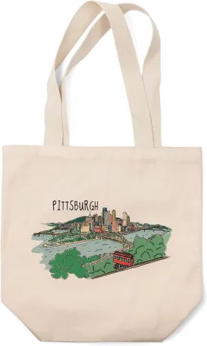 Lantern Press Pittsburgh, Pennsylvania, Line Drawing (100% Cotton Canvas Reusable Tote Bag)