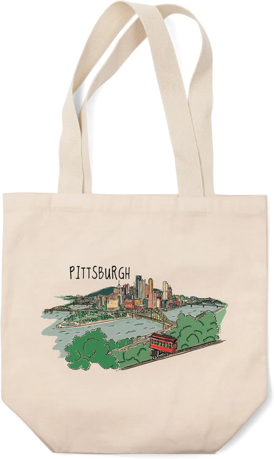Lantern Press Pittsburgh, Pennsylvania, Line Drawing (100% Cotton Canvas Reusable Tote Bag)
