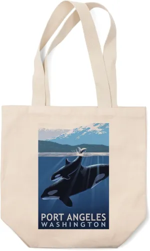 Lantern Press Port Angeles, Washington, Orca and Calf (100% Cotton Canvas Reusable Tote Bag)