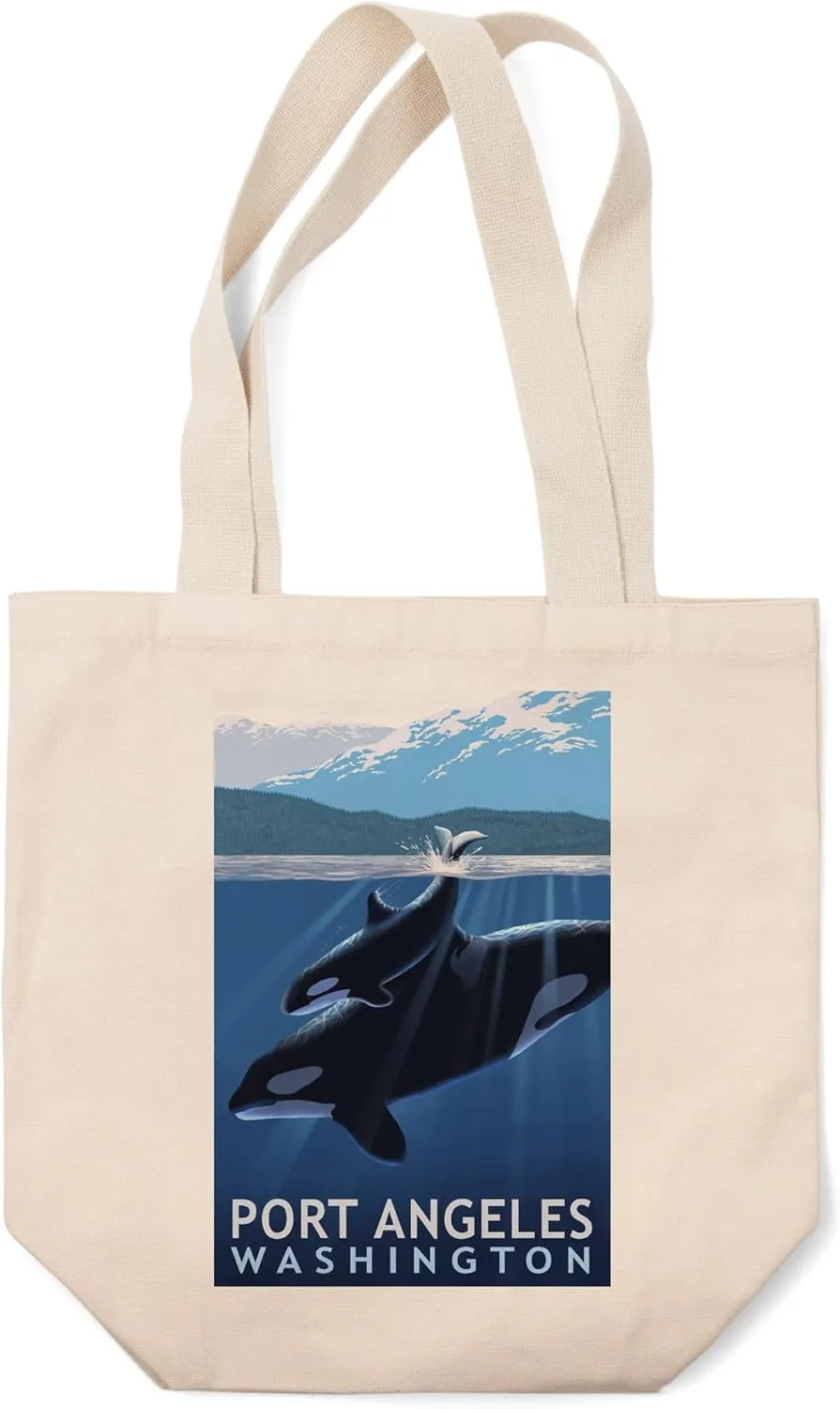 Lantern Press Port Angeles, Washington, Orca and Calf (100% Cotton Canvas Reusable Tote Bag)