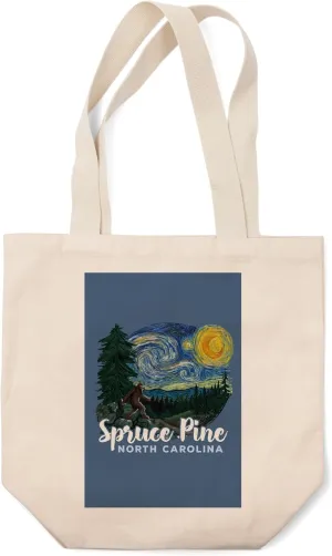 Lantern Press Spruce Pine, North Carolina, Bigfoot, Starry Night, (100% Cotton Canvas Reusable Tote Bag)