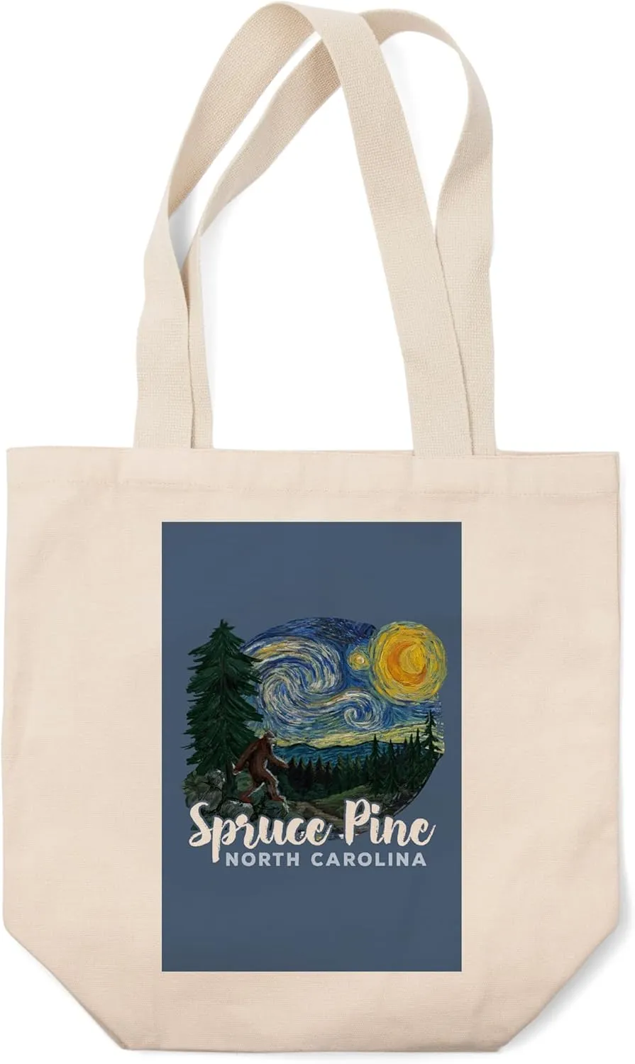 Lantern Press Spruce Pine, North Carolina, Bigfoot, Starry Night, (100% Cotton Canvas Reusable Tote Bag)
