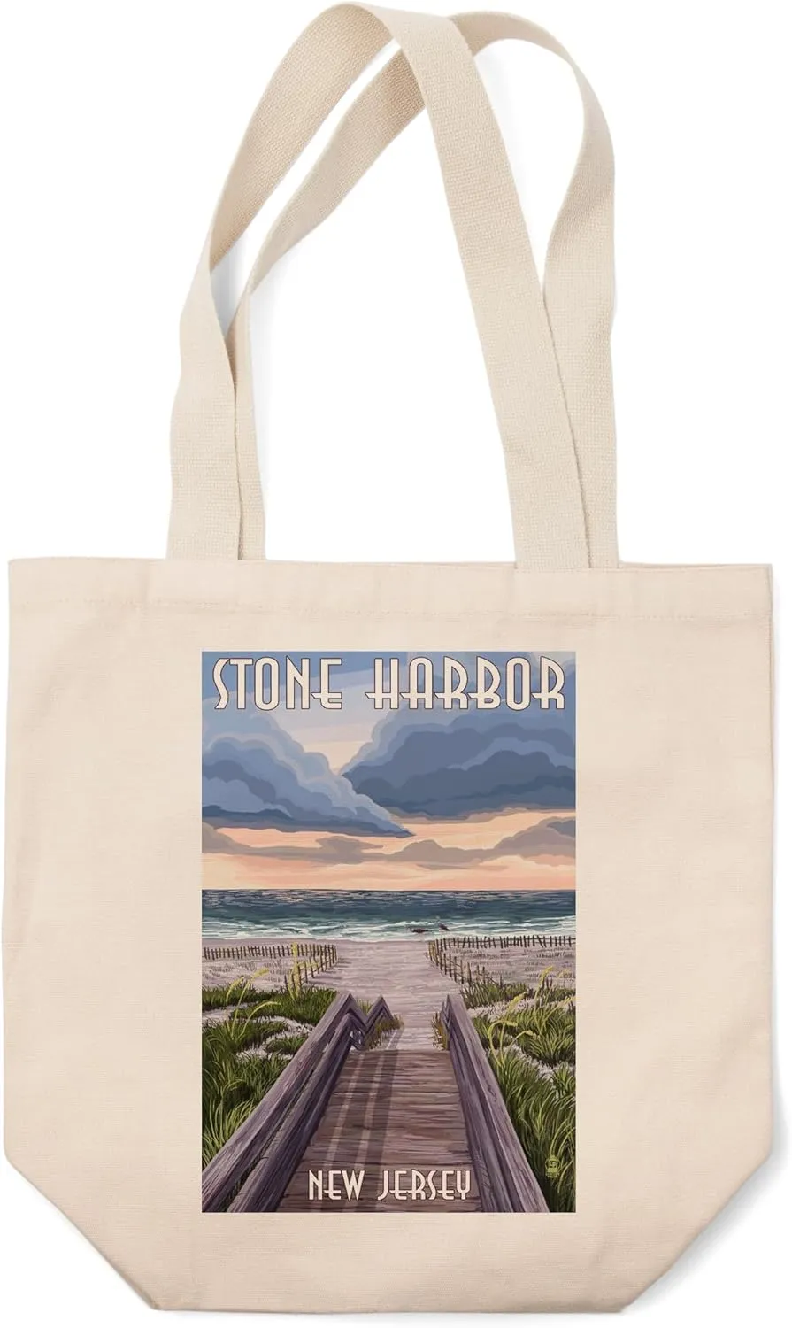 Lantern Press Stone Harbor, New Jersey, Beach Boardwalk Scene (100% Cotton Canvas Reusable Tote Bag)