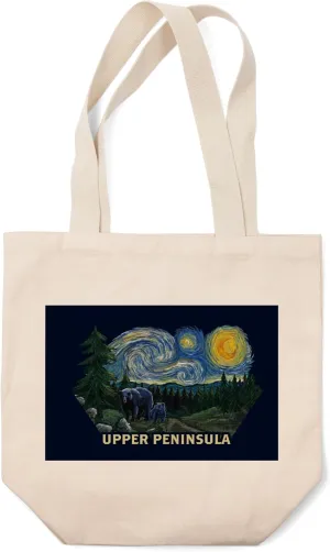 Lantern Press Upper Peninsula, Michigan, Starry Night, Bear and Cub, (100% Cotton Canvas Reusable Tote Bag)