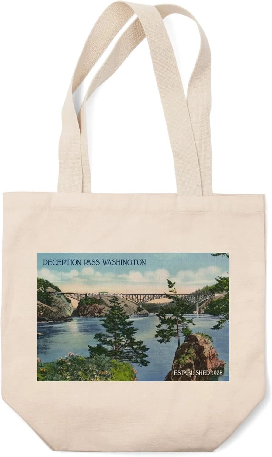 Lantern Press Whidbey Island, Washington, View of Deception Pass Bridge from The Side (100% Cotton Canvas Reusable Tote Bag)