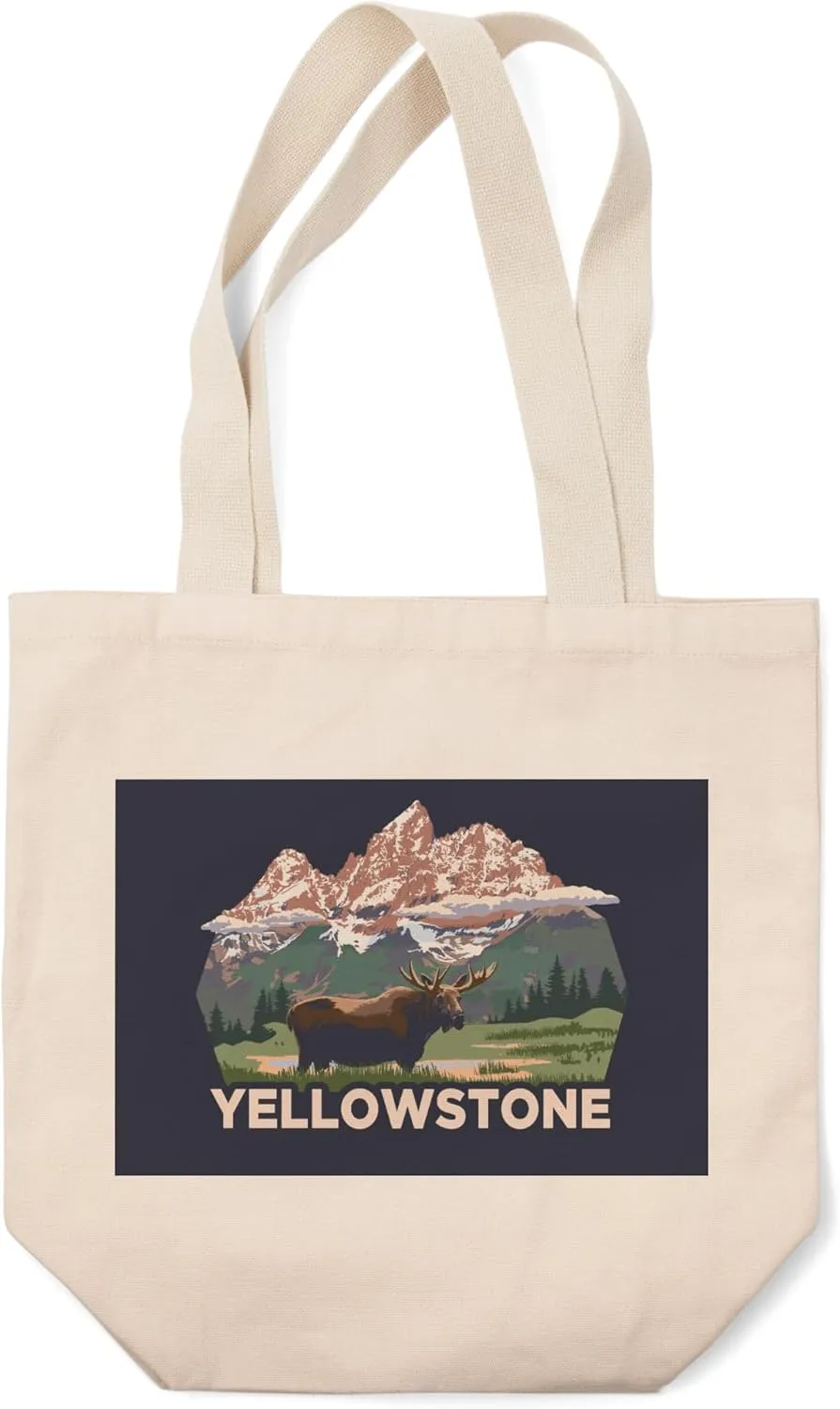 Lantern Press Yellowstone National Park, Wyoming, Moose and Mountains, (100% Cotton Canvas Reusable Tote Bag)
