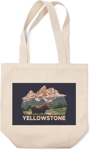 Lantern Press Yellowstone National Park, Wyoming, Moose and Mountains, (100% Cotton Canvas Reusable Tote Bag)