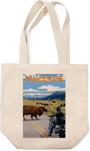 Lantern Press Yellowstone National Park, Wyoming, Motorcycle and Bison (100% Cotton Canvas Reusable Tote Bag)