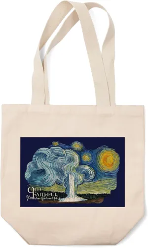 Lantern Press Yellowstone National Park, Wyoming, Old Faithful, Starry Night, (100% Cotton Canvas Reusable Tote Bag)