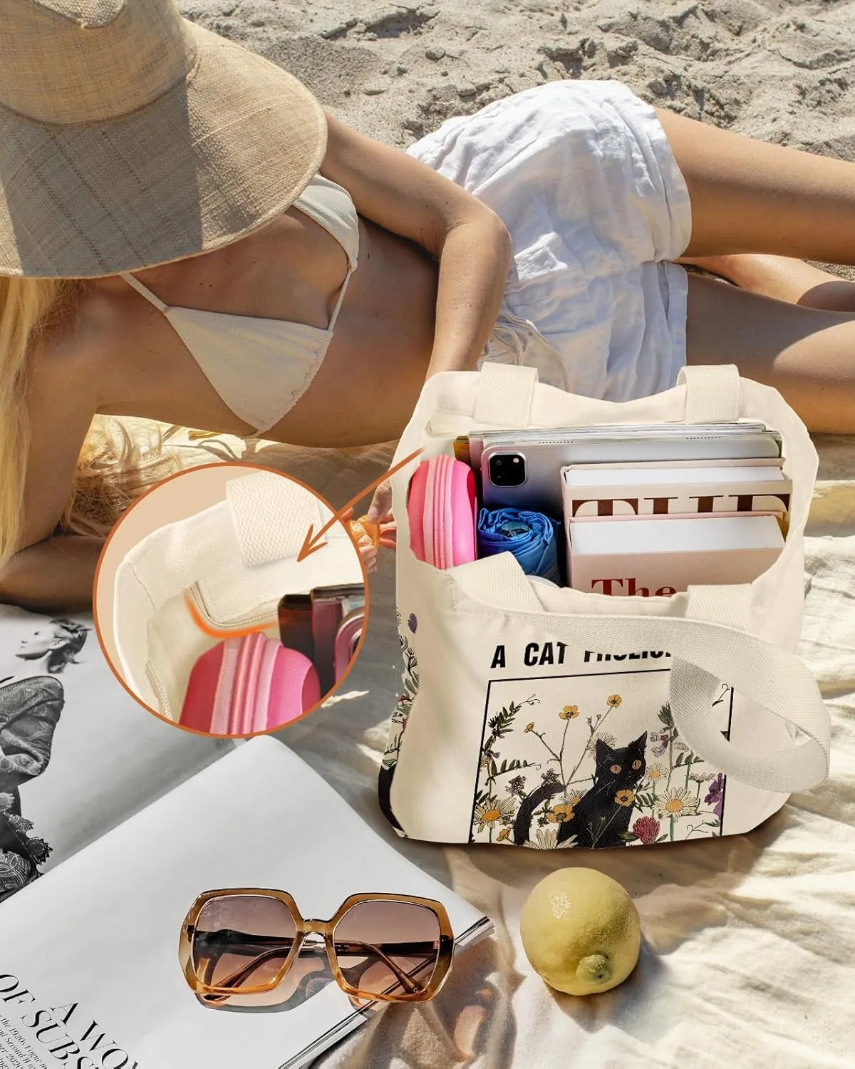 Large Canvas Tote Bag for Women - with Zipper and Inner Pocket Aesthetic Cute Shoulder Bag for Shopping Daily