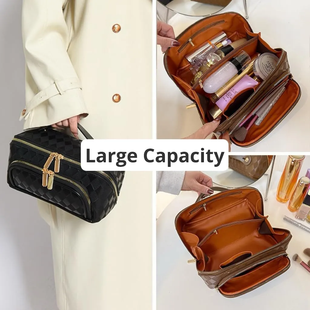 Large Capacity Checkered Makeup Bags Portable Travel Cosmetic Bags Open-Flat Toiletry Bag for Women Girls Make Up Organizer with Divider Pouch Zipper Bag (B-brown)