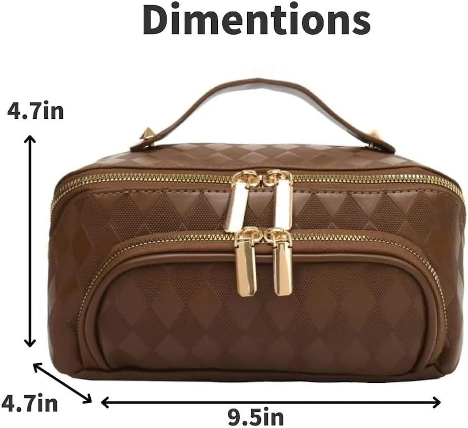 Large Capacity Checkered Makeup Bags Portable Travel Cosmetic Bags Open-Flat Toiletry Bag for Women Girls Make Up Organizer with Divider Pouch Zipper Bag (B-brown)