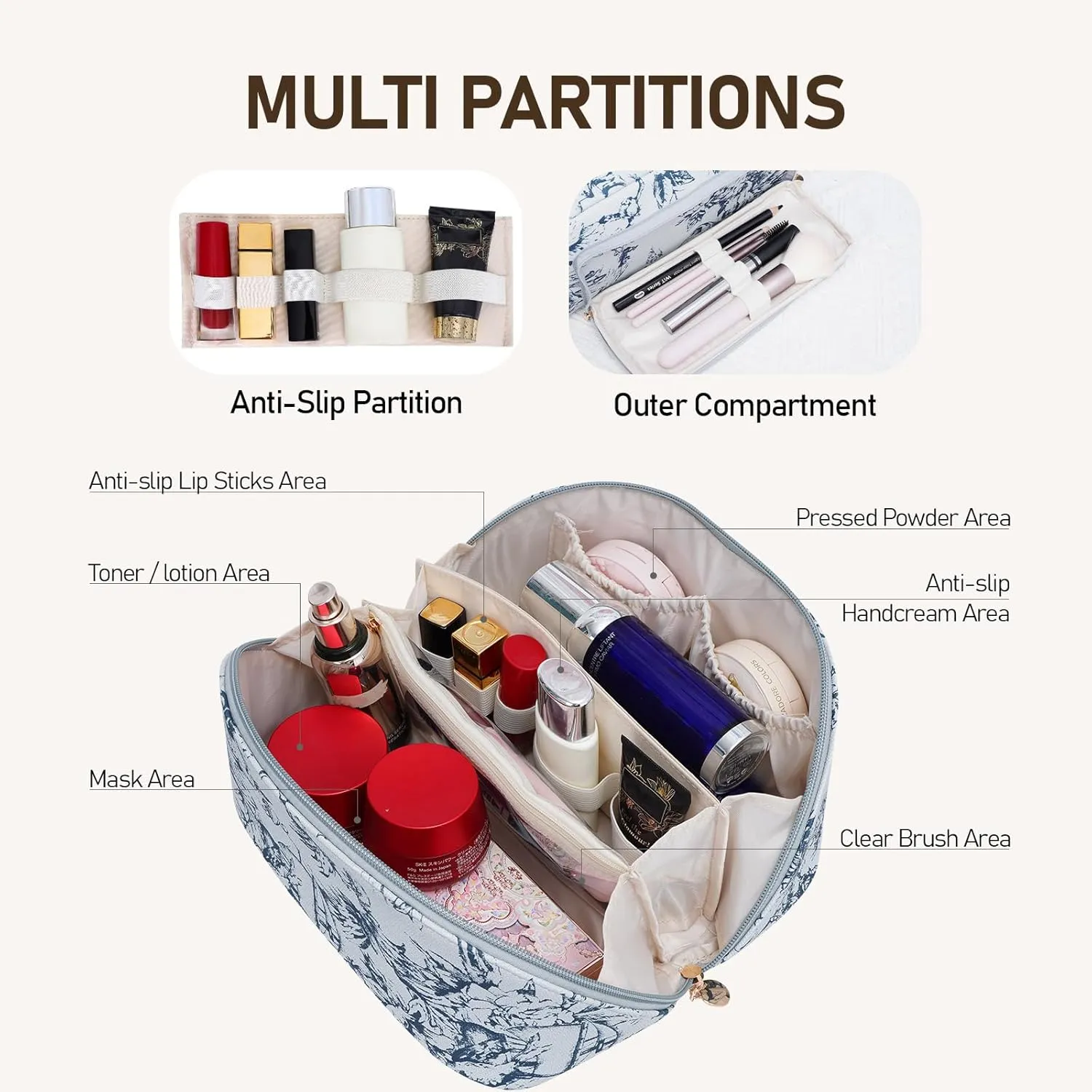 Large Capacity Cosmetic Bag for Women, Waterproof PU Leather Makeup Bag for Travel,Toiletry Bag Make up Organizer with Divider and Handle (Blue)