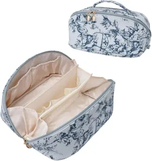 Large Capacity Cosmetic Bag for Women, Waterproof PU Leather Makeup Bag for Travel,Toiletry Bag Make up Organizer with Divider and Handle (Blue)