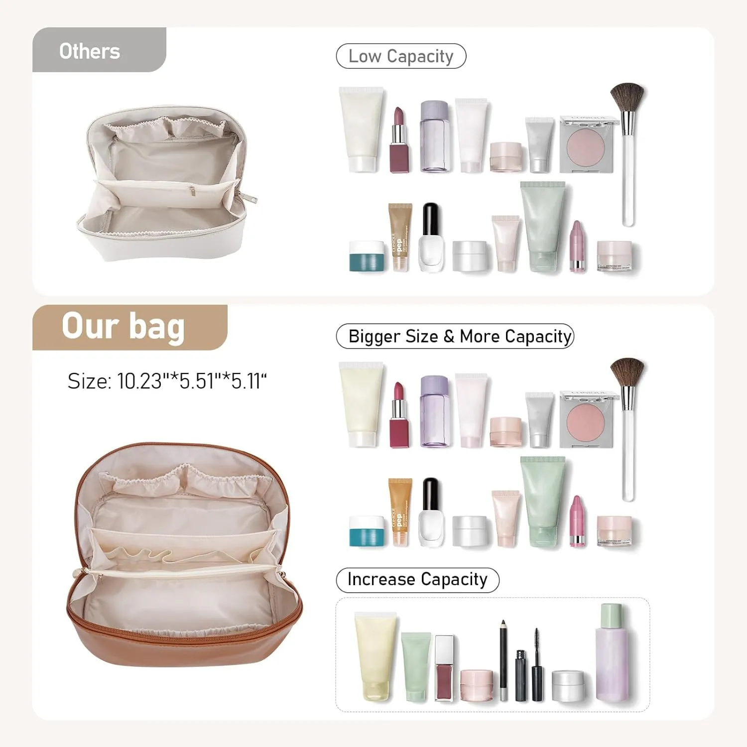 Large Capacity Cosmetic Bag for Women, Waterproof PU Leather Makeup Bag for Travel,Toiletry Bag Make up Organizer with Divider and Handle (Brown)