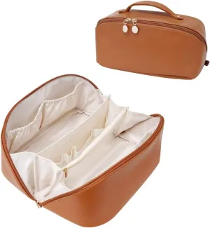 Large Capacity Cosmetic Bag for Women, Waterproof PU Leather Makeup Bag for Travel,Toiletry Bag Make up Organizer with Divider and Handle (Brown)