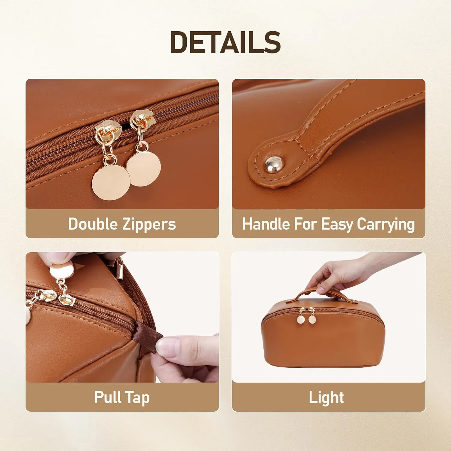 Large Capacity Cosmetic Bag for Women, Waterproof PU Leather Makeup Bag for Travel,Toiletry Bag Make up Organizer with Divider and Handle (Brown)