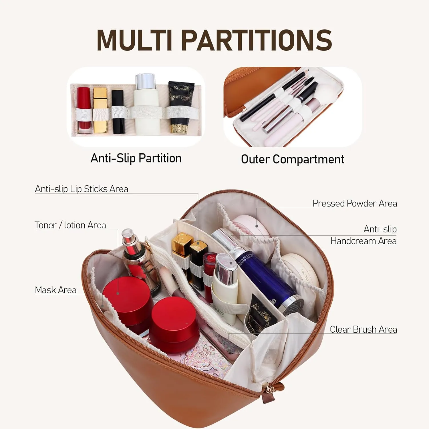 Large Capacity Cosmetic Bag for Women, Waterproof PU Leather Makeup Bag for Travel,Toiletry Bag Make up Organizer with Divider and Handle (Brown)
