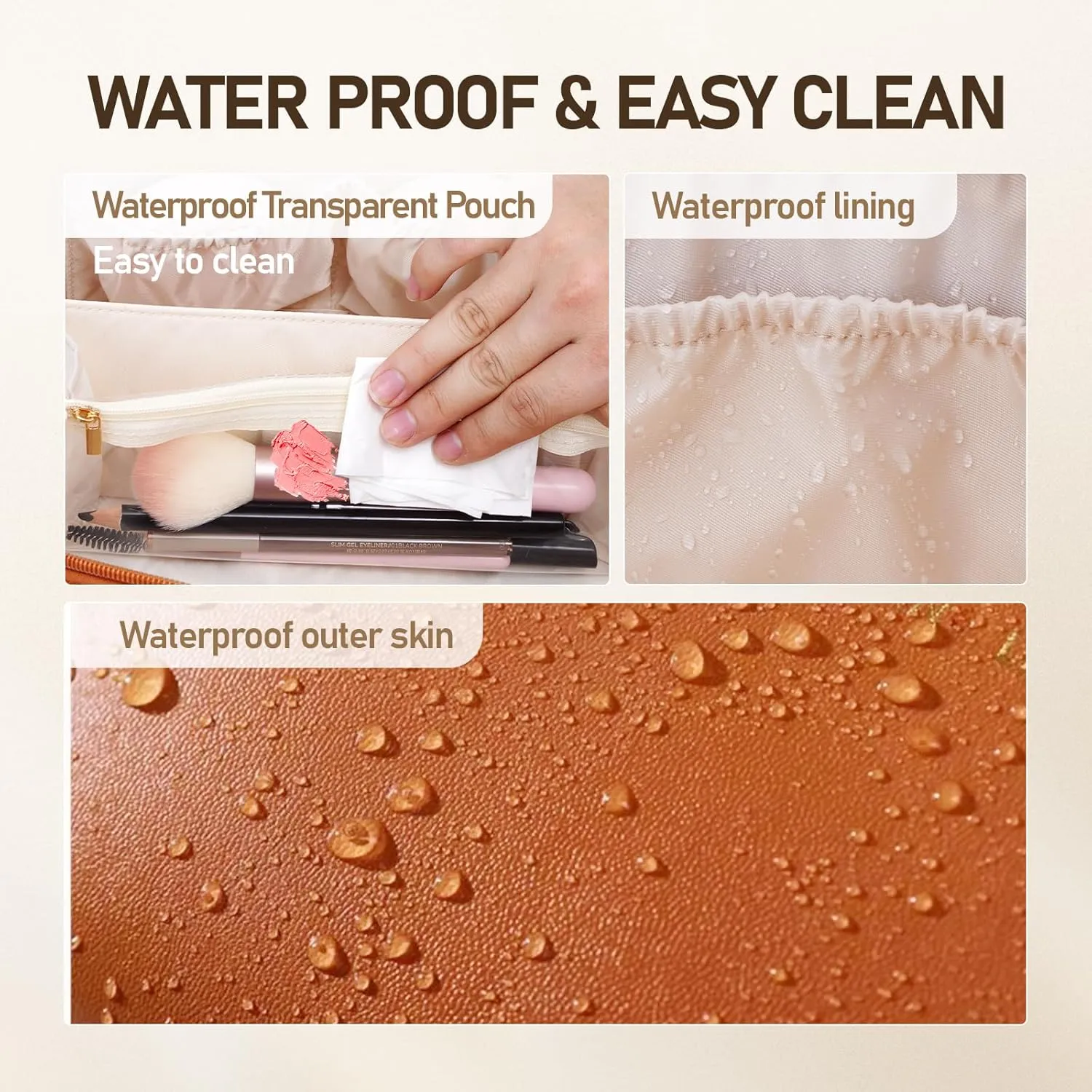 Large Capacity Cosmetic Bag for Women, Waterproof PU Leather Makeup Bag for Travel,Toiletry Bag Make up Organizer with Divider and Handle (Brown)