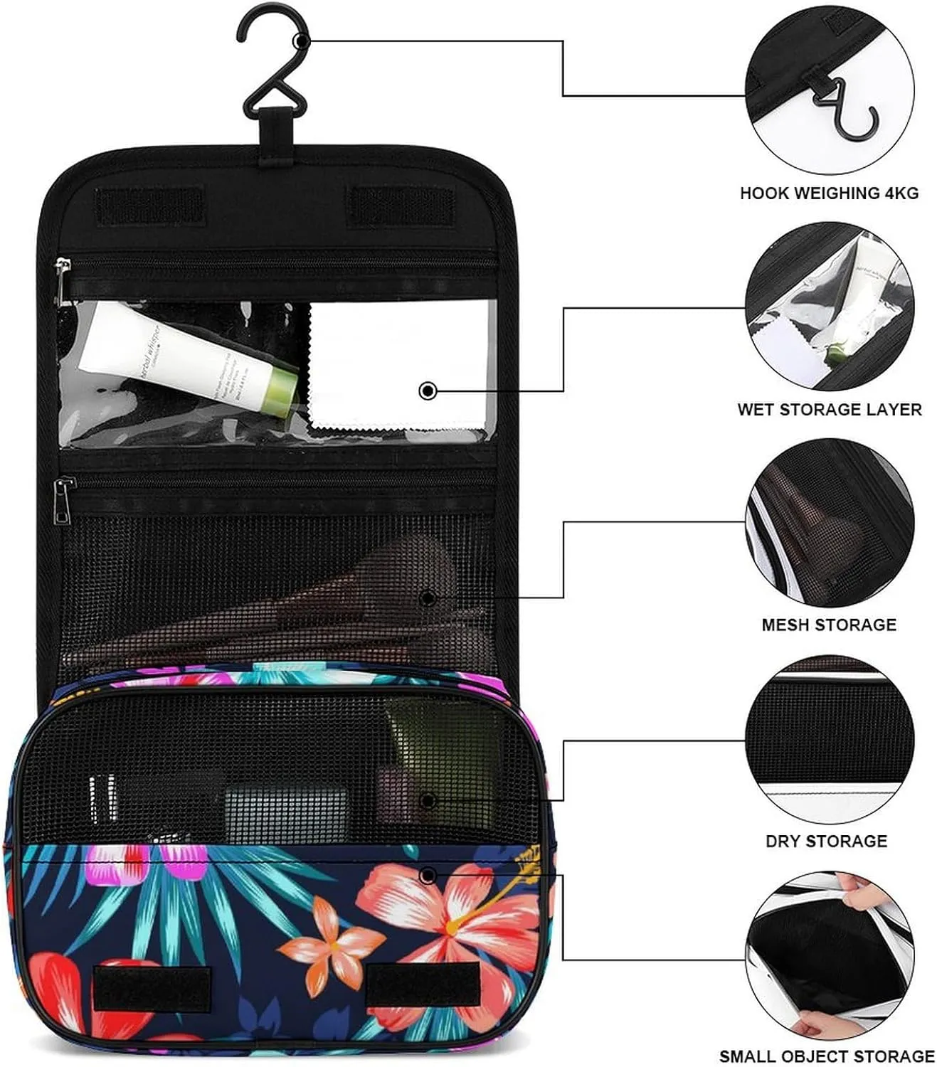 Large Capacity Hanging Toiletry Bag, Hawaiian Colorful Hibiscus Flowers Tropical Palm Tree Leaves Makeup Pouch for Women and Men, Waterproof Cosmetic Storage Organizer Case