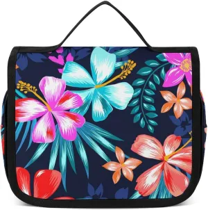 Large Capacity Hanging Toiletry Bag, Hawaiian Colorful Hibiscus Flowers Tropical Palm Tree Leaves Makeup Pouch for Women and Men, Waterproof Cosmetic Storage Organizer Case